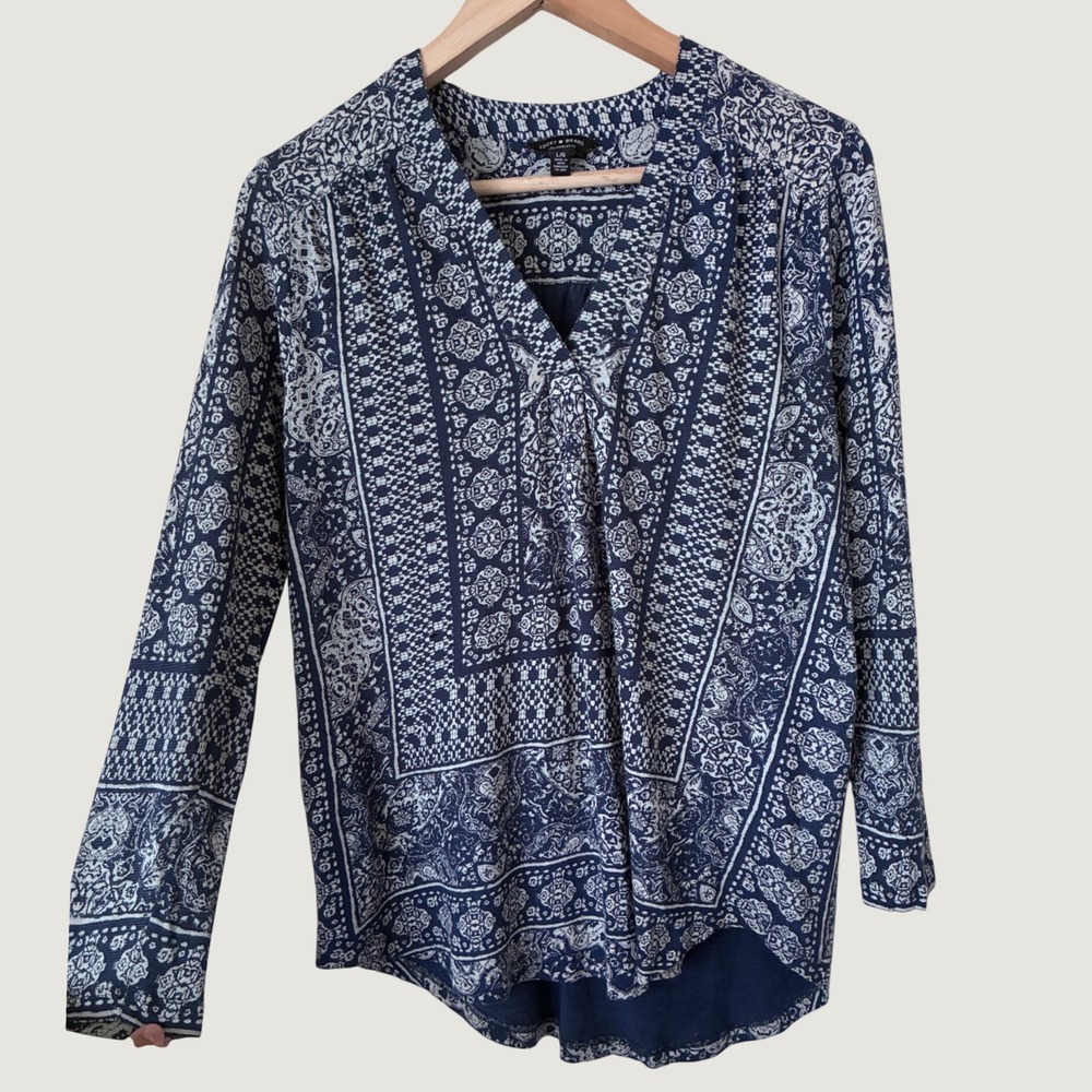 Lucky Brand Navy Paisley Bandana Print V-Neck Blouse Linen Cotton Blend L Boho